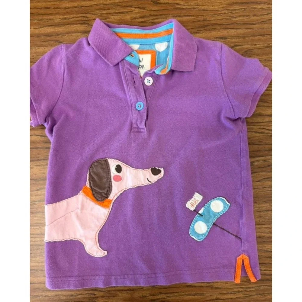 Mini Boden Kids Purple Dachshund Dog Polo Shirt Size 5-6Y Short Sleeve Cotton